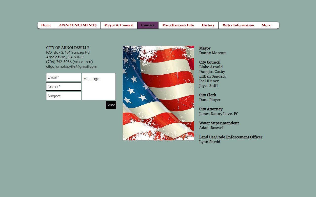 Arnoldsville official contact page with city office and voicemail route