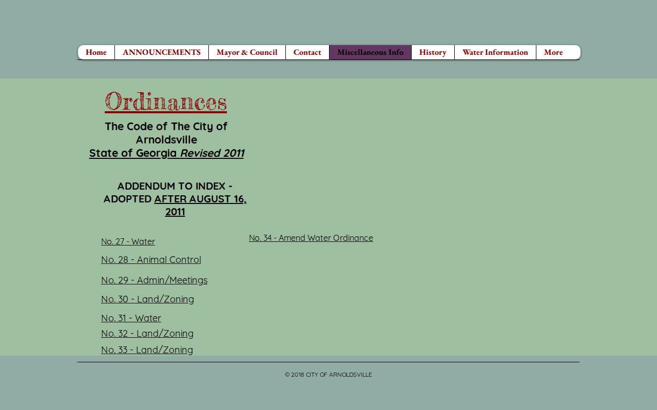 Arnoldsville ordinances page listing the city code and addenda